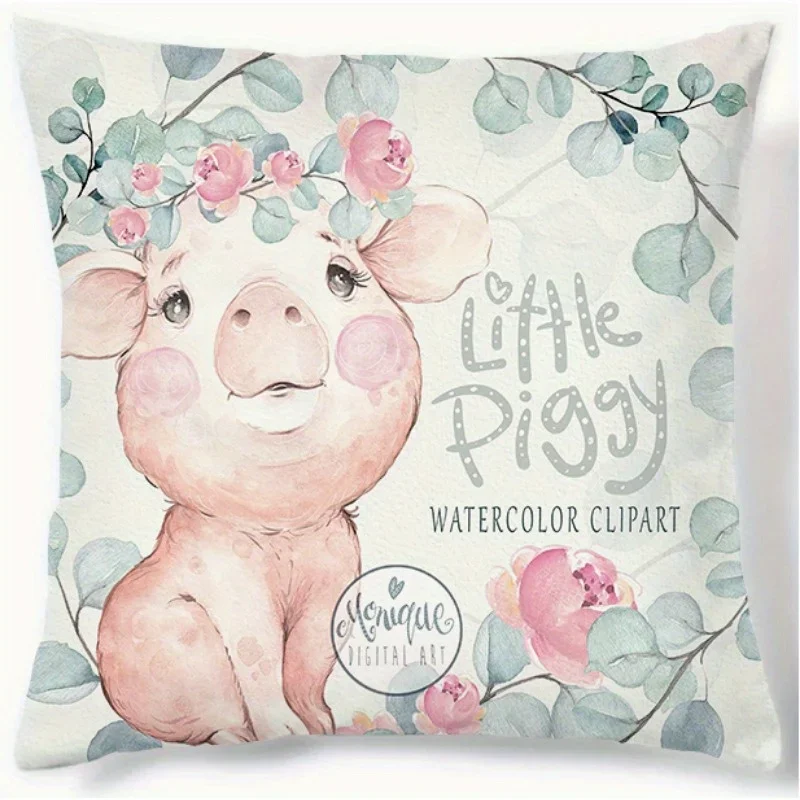 Easter Cute Pig Pattern Square Polyester Cushion Cover Sofa Cushion Cover, Living Room Throw Pillow Cover (No Pillow Core)