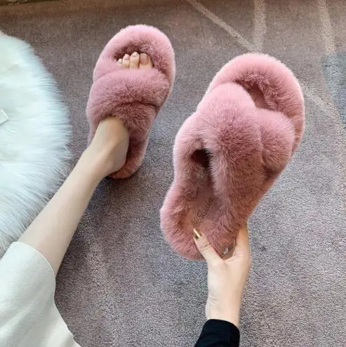 Hot Summer Fluffy Raccoon Fur Slippers Shoes Women Real Fox Fur Flip Flop Flat Furry Fur Slides Outdoor Sandals Woman Shoes