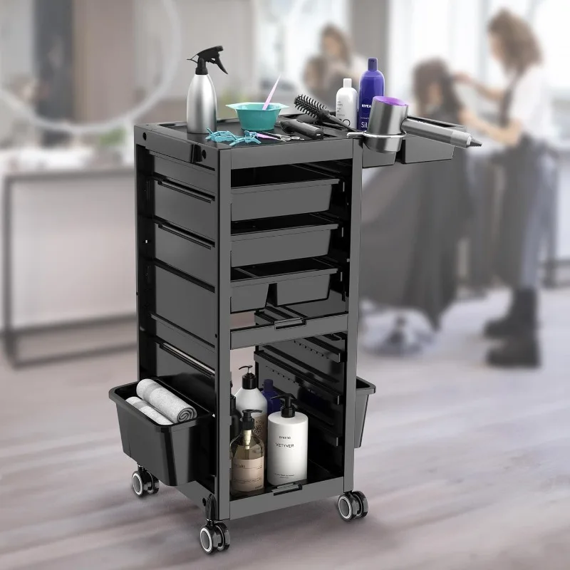 Trolley Salon Cart on Wheels Rolling Salon Tray Large Storage Salon Trolley W/Hair Dryer Holder, 4 Remove Drawers, 2 Buckets