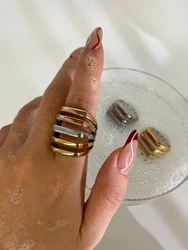 Peri'sbox Stainless Steel Mixed 3 Colors Multi-layer Geometry Square Hollow Chunky Rings for Women Men Punk Party Jewelry Gifts