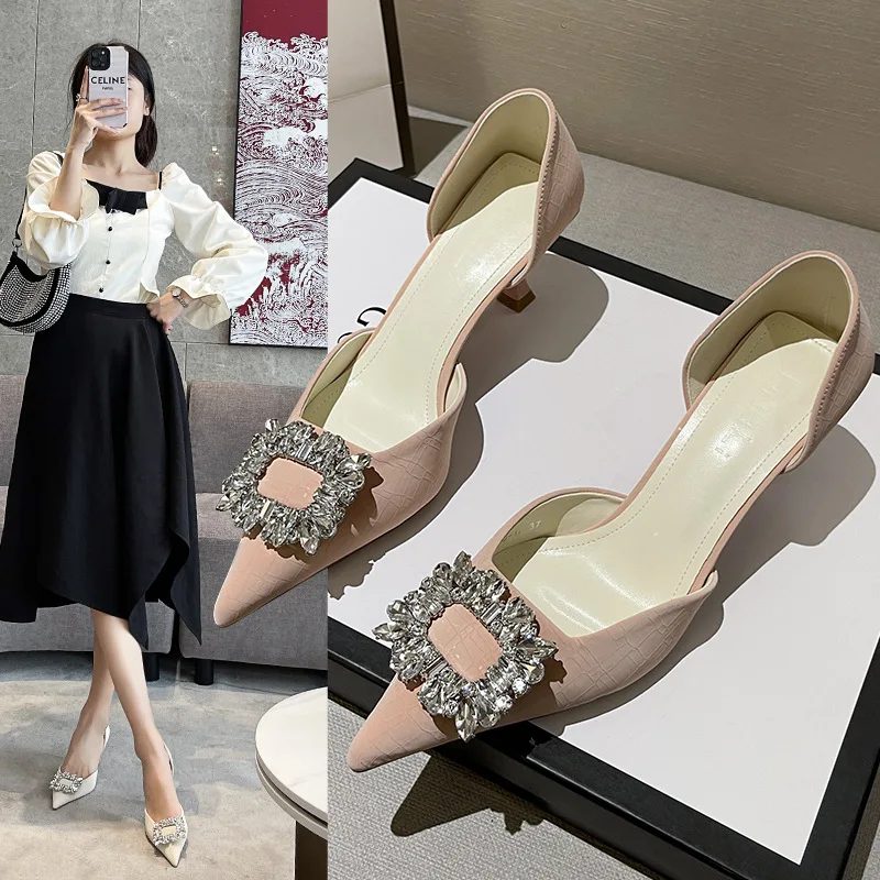 

Pointed High Heels Women Stilettos Spring and Summer New French Pearl Rhinestone Hollow Shoes Shallow Baotou Sandals