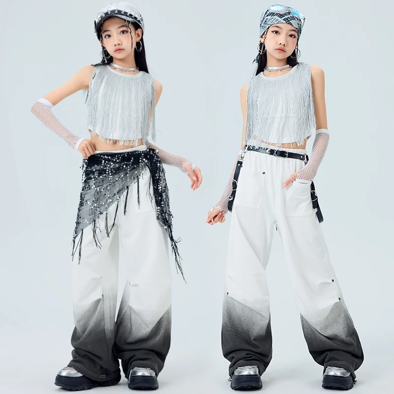 

Костюм для джазового танца для девочек, Kpop, сценическая одежда, жилет с бахромой, белые брюки с градиентом, наряд для уличных танцев в стиле хип-хоп, 2065
