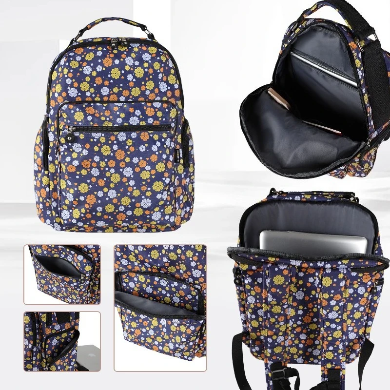 

1pcs dacron Navy Floral Print Backpack Multi-pocket Large Capacity Casual Daypack