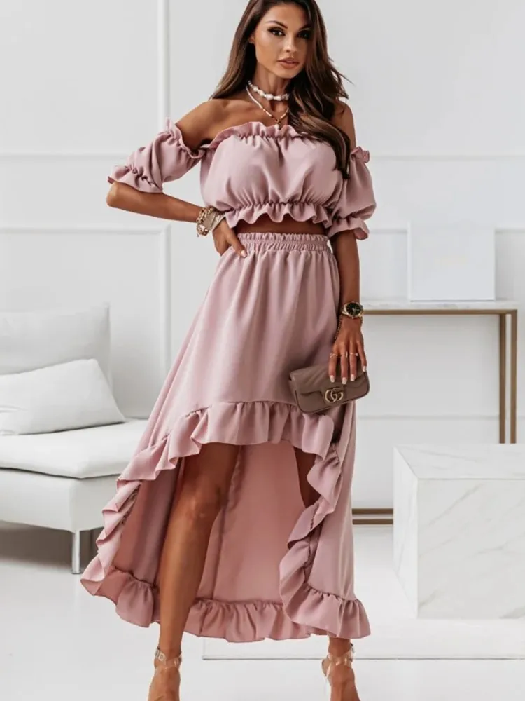 New Summer Elegant Gown Sexy Puff Sleeve Waistless Dress Boat Neck Long Dresses For Women 2 Pieces Vestido Feminino