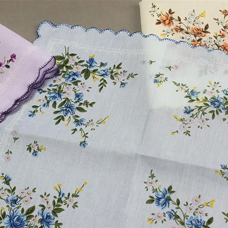 39BD 3-teiliges Damen-Taschentuch aus Baumwolle mit Blumendruck für den Nachmittagstee – Detail 2