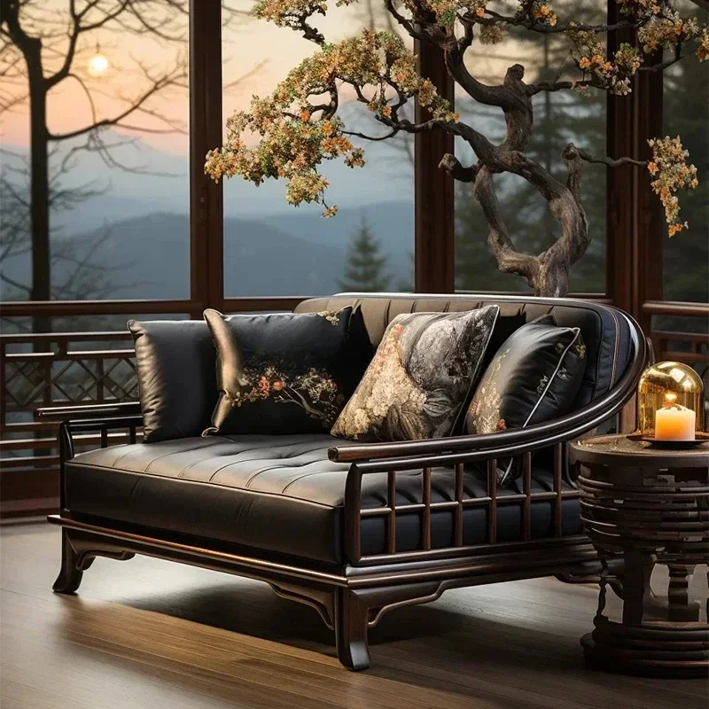 

Новый китайский кожаный художественный диван для гостиной, ореховая вилла, светлая роскошная мебель из дерева дзен