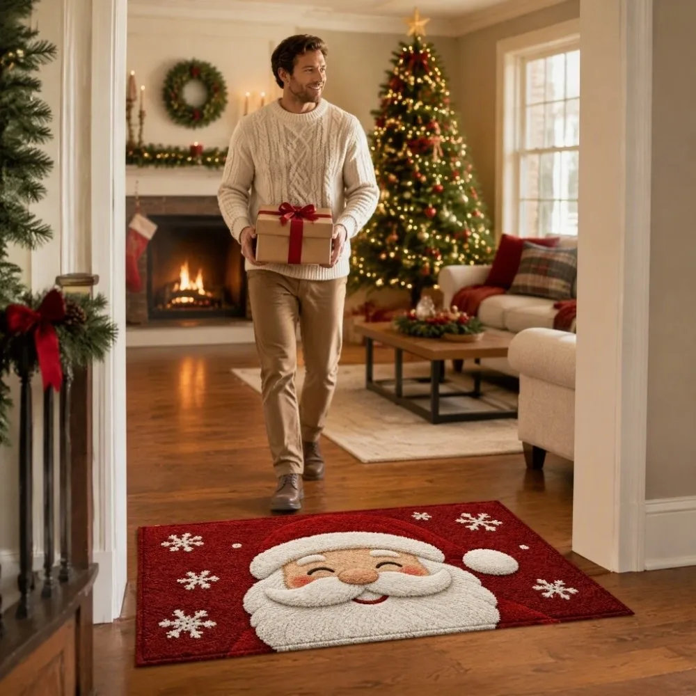 Merry Christmas Tufted Christmas Doormat Embossed Washable Welcome Rug Easy Care Green Welcome Mat Home Decor