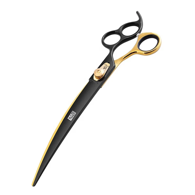 

7.0/8.0/9.0 Inch Pet Grooming Three Holes 360 Degrees Swivel Rotating Thumb Curved Scissors Black&Gold Dog Beauty Shears