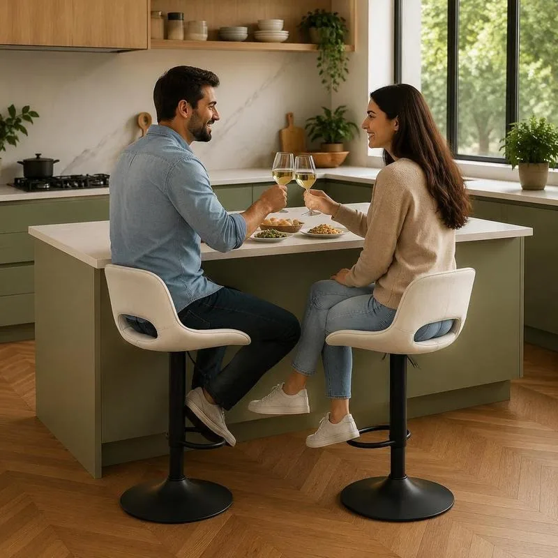 Lot de 2 tabourets de bar pivotants en tissu lin beige avec dossier ergonomique rembourré en mousse dense, repose-pieds, base en métal large et stable, charge maximale 150 kg, patins antidérapants, montage simple adapté pour terrasse, jardin et bar extérieur au design chic.
