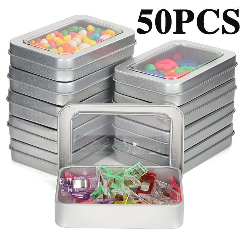 50pcs-rectangular-storage-tins-box-with-clear-window-lid-metal-empty-tins-box-top-clear-storage-box
