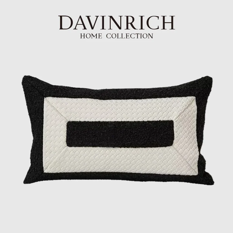 DAVINRICH Modern Upholstery Black And White Lumbar Pillow Cover Luxury Designer Accent Cushion Case For Villa Hotel Sample House