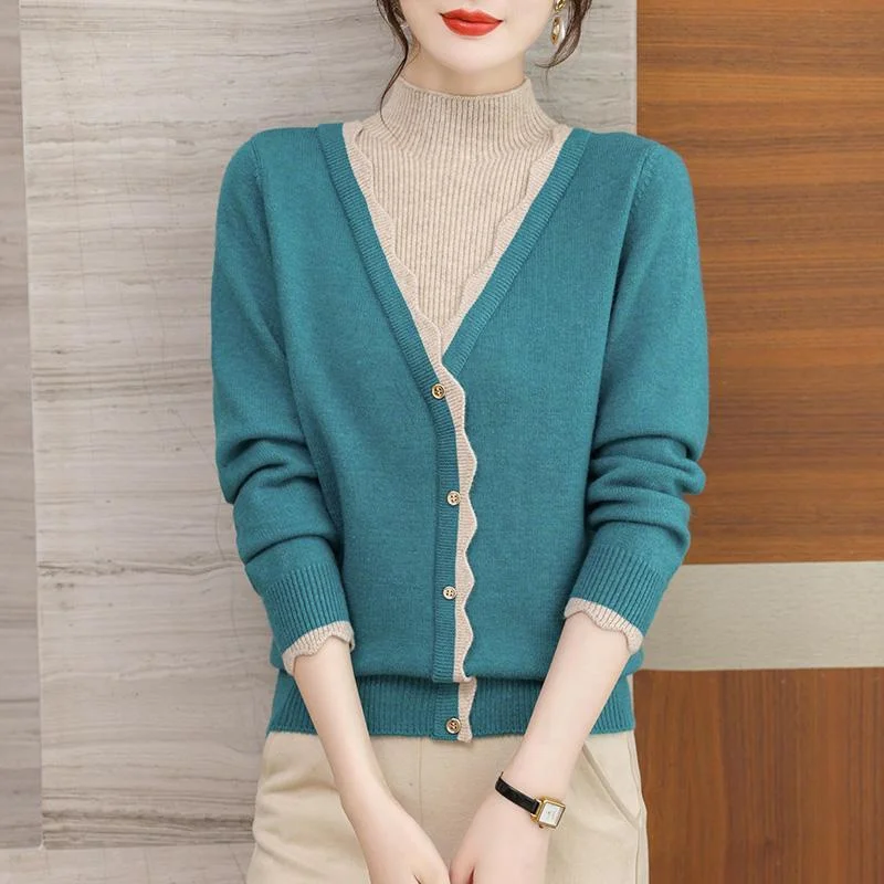 

Autumn Fake Two Piece Sweaters Women Pullover New Long Sleeve Loose All-match Knitted Sweaters Female Bottom Tops Jumper
