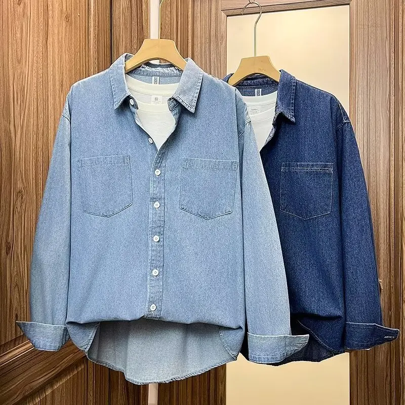

Spring Autumn Men Denim Shirt Solid Color With Pocket Lapel Shirts Korean Casual Fashion Simple Male Single-breasted Blouse