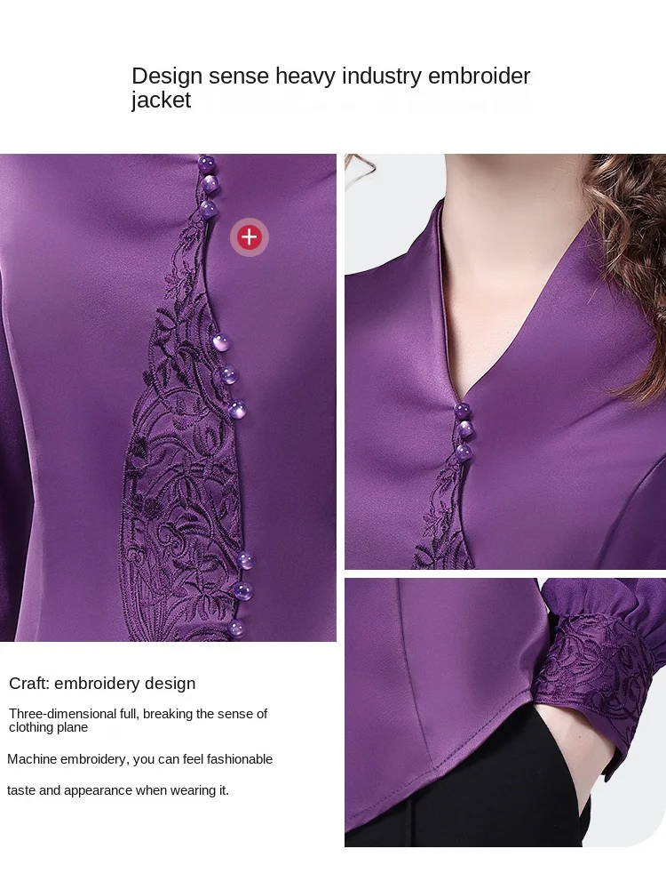 Satin Top 2023 Spring Summer Women Long Sleeve V-neck Purple Embroidered Beaded Blouse Retro Casual Slim Fit Ladies 90s Shirts