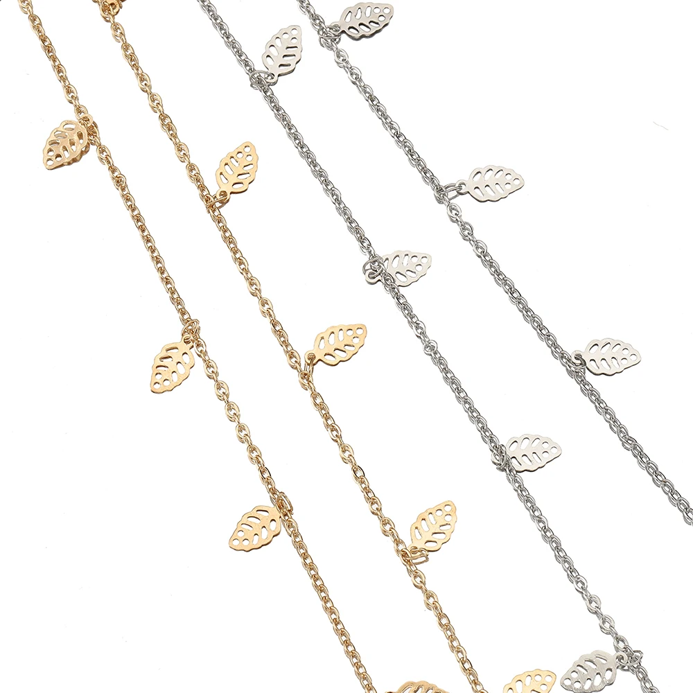 Оптовая продажа, 1 м 2 м, цепочки со стальными листьями золотого цвета, ажурные медные цепочки, ожерелье, браслет, подвески, изготовление ювелирных изделий своими руками