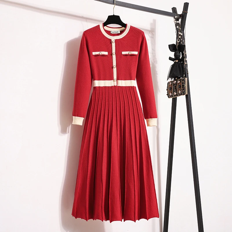 2024 New Autumn Winter Women O-neck Long Sleeve Knitted Pleated A-line Dress Christmas Party Red Sweater Long Dresses