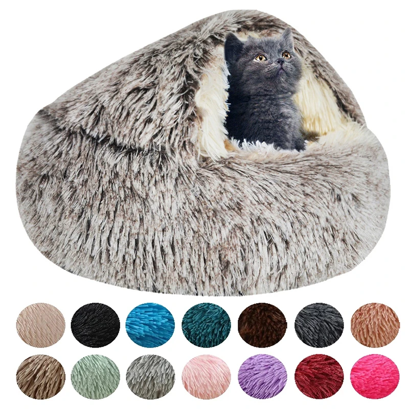 Lit en peluche pour animaux de compagnie, Long coussin rond, panier chaud pour chat, sac de couchage, niche pour petit chien, maison