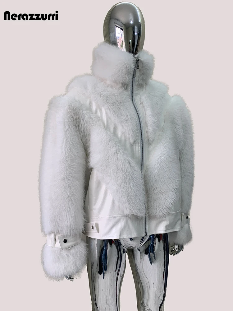 

Mauroicardi Autumn Winter Cool Handsome Short Warm White Pu Leather Patchwork Faux Fur Coat Men Luxury Designer Fluffy Jacket