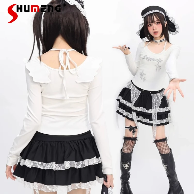 

2025 Autumn Women's Clothing Long Sleeves Subculture T-shirt Y2K Angel Wings Slim Fit Top Tshirt Pullovers White Black Available