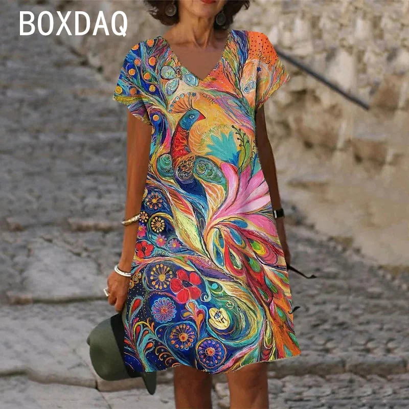 Women V-neck Short Sleeve Beach Dress 6XL Big Size Elegant Gradient Vintage Floral Casual A-Line Dress Vestidos De Mujer