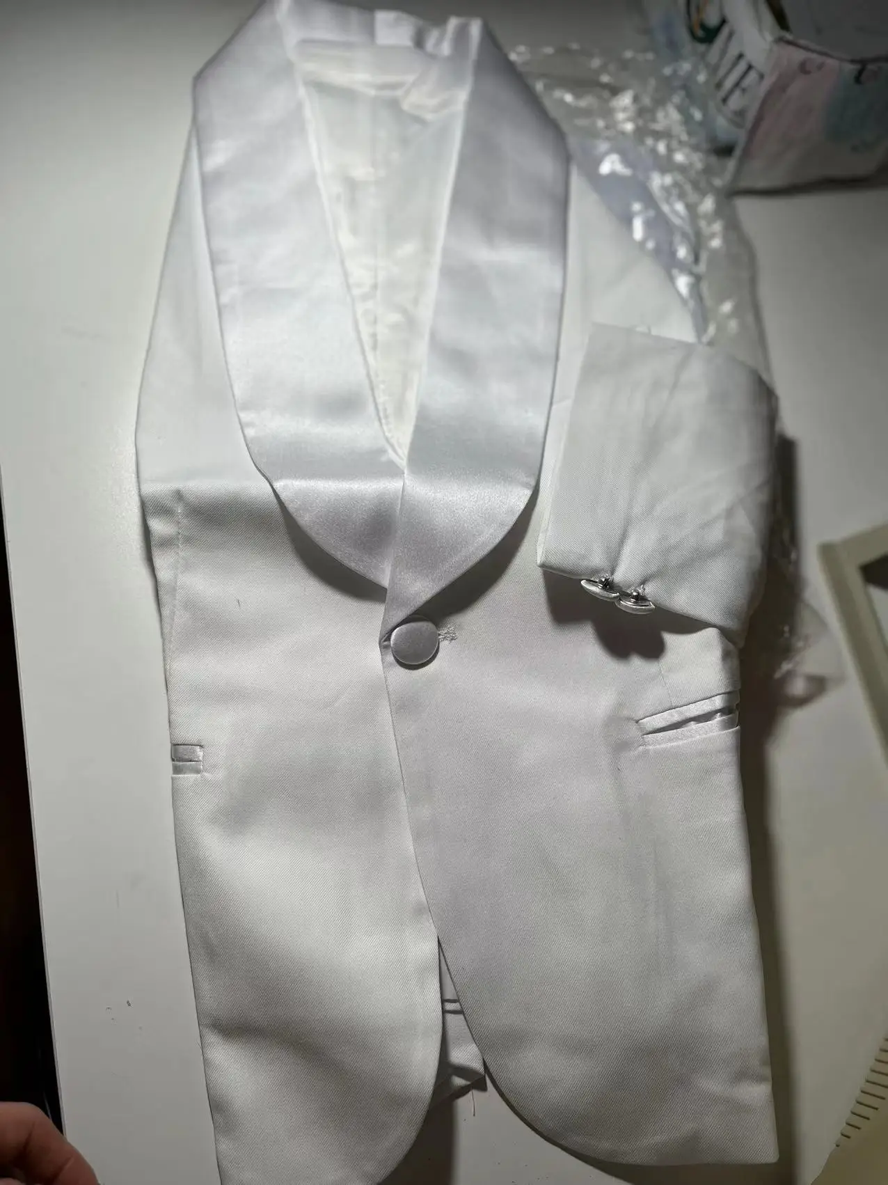 Estoque 7t bonito jaqueta branca crianças ternos de casamento ajuste fino lapela terno para o menino formal wear crianças (jaqueta branca + calças pretas)