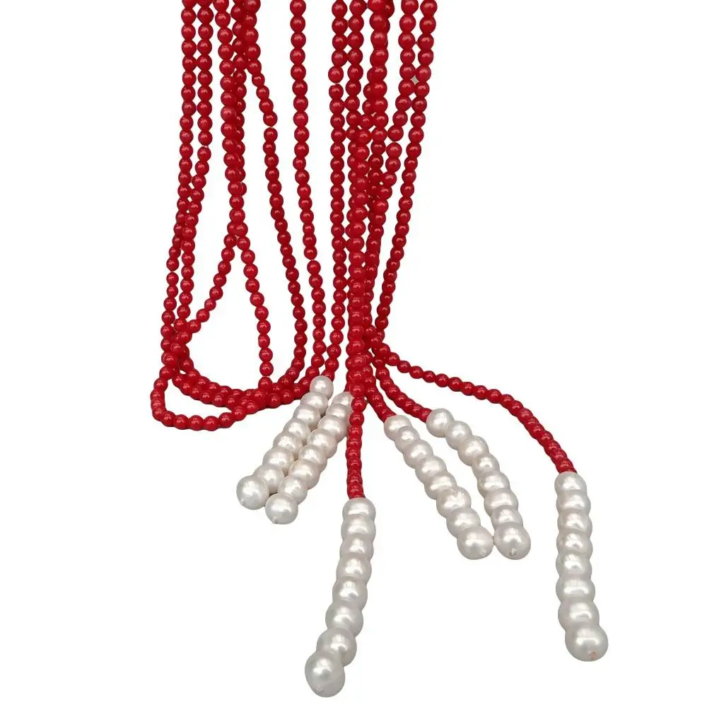 3 fileiras 4mm coral vermelho cultivado branco pérola lariat longo camisola corrente colar 50"