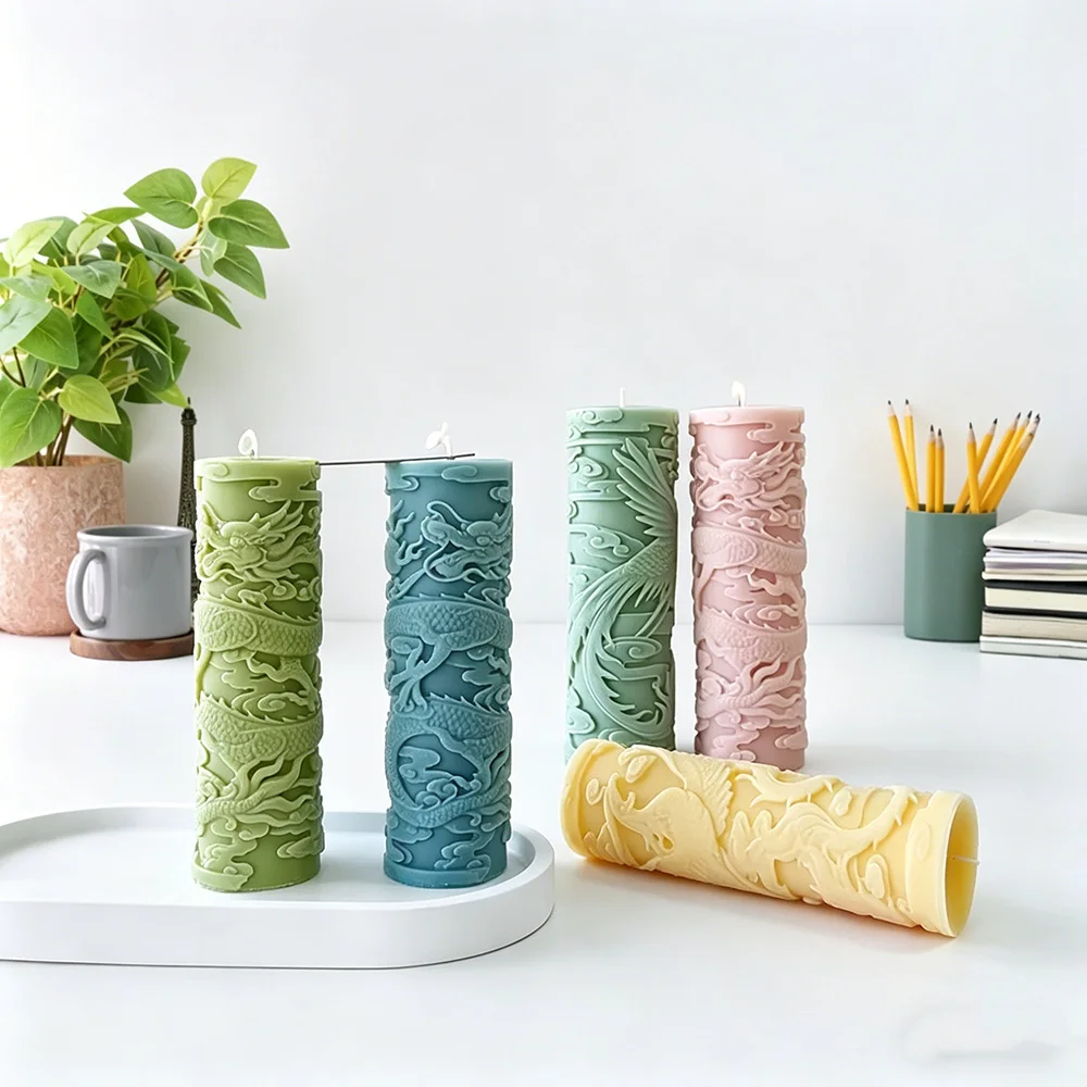 Dragon Phoenix Embossment Cylinder Candle Silicone Candle Mold Anaglyph Plaster Mould Candle Making Supplies