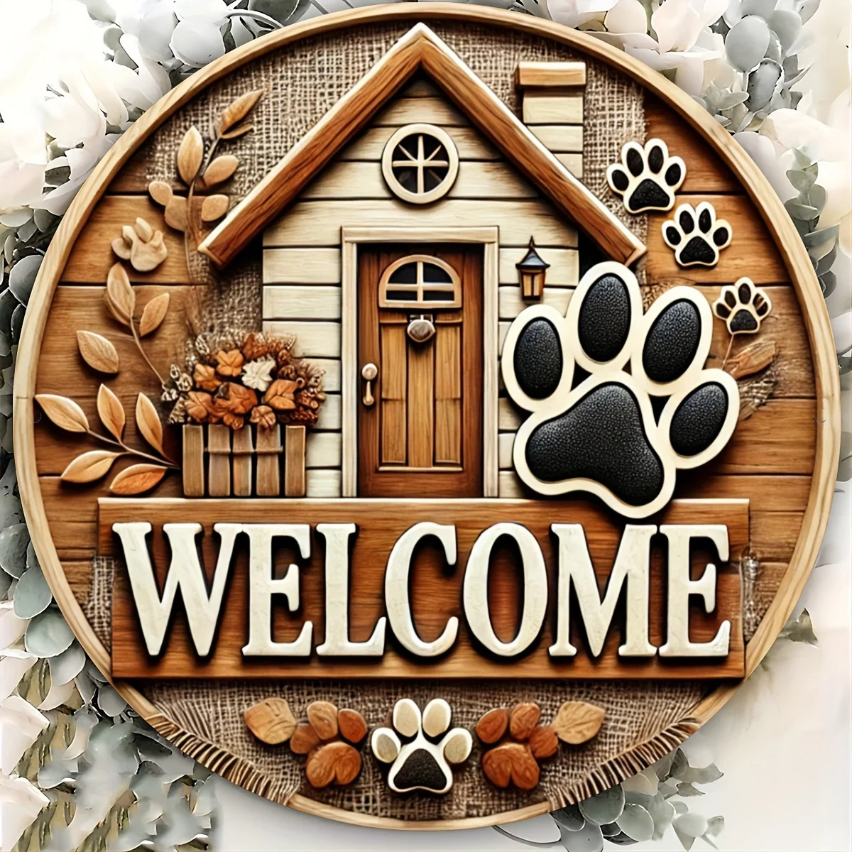 Adorable estampado de pata de cachorro y diseño de casa, letrero de bienvenida de madera, obra de arte redonda de madera de 8x8 pulgadas, perfecta para sala de estar y dormitorio