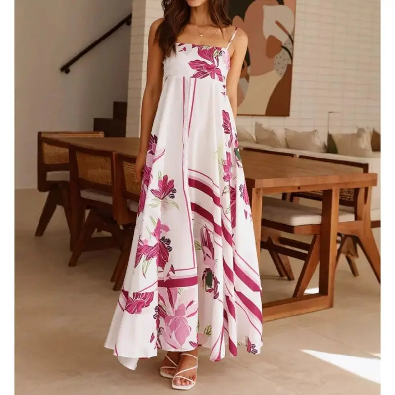 Combhasaki Donna Estate Boho Beachwear Tracolla sottile regolabile Collo quadrato Stampa floreale A-line Cami Slip Abito lungo fluido