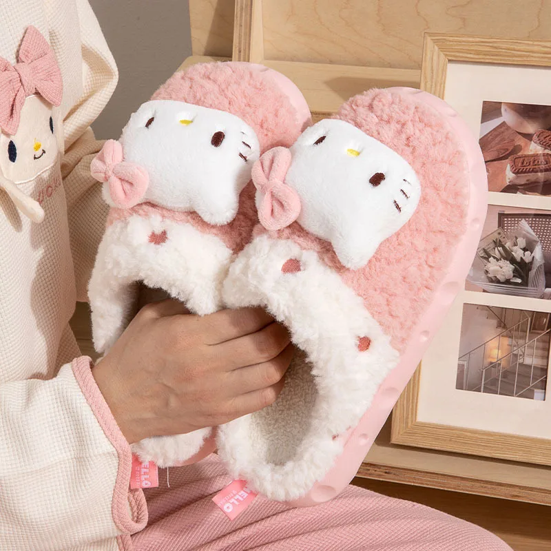 Kawaii Sanrio Hello Kitty Winter Plush Non Slip Slippers Anime Cute Kuromi Cinnamoroll Yk2 Women Home Fuzzy Slipper Flat Shoes