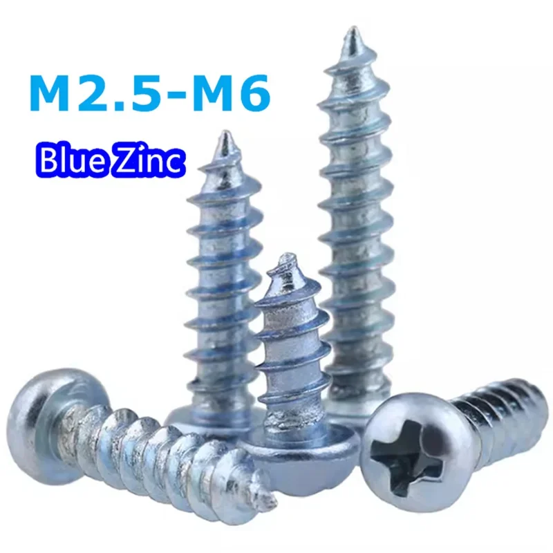 Blue Zinc Hardened Large Flat Head Tapping Screws Cross Recessed Mushroom Head Wood ScrewsM2.5 M3 M4 M5 M6