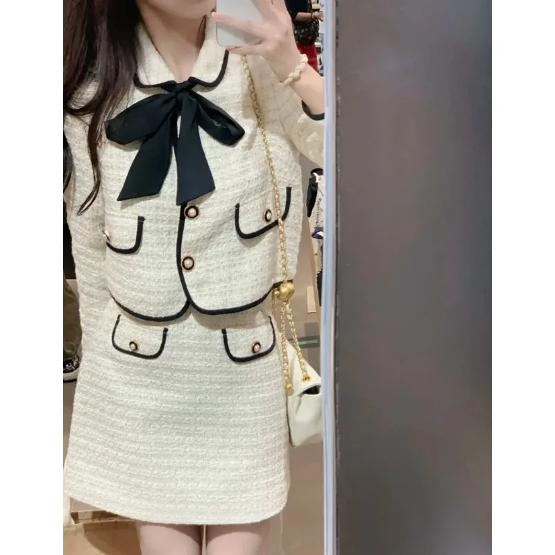 UNXX 2023 Spring and Autumn New Style Small Fragrance Fashion Suit Skirt Women\'s Sweet Bow Tie  Jacket  Two-piece Set