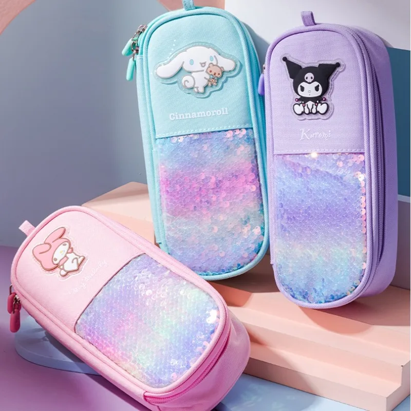 Iigen Yizheng Sanrio Girly Heart Pencil Bag Sequins Stationery Box Kuromi Cinnamoroll Melody High Capacity Student Pen Case Gift