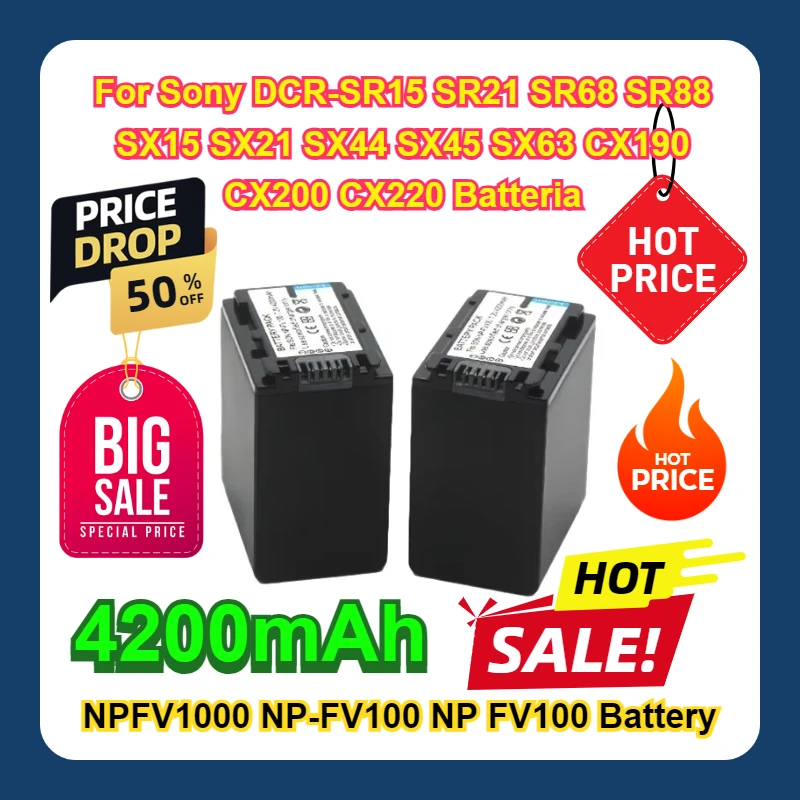 Batería NPFV1000 NP-FV100 NP FV100 de 4200mAh para Sony DCR-SR15 SR21 SR68 SR88 SX15 SX21 SX44 SX45 SX63 CX190 CX200 CX220