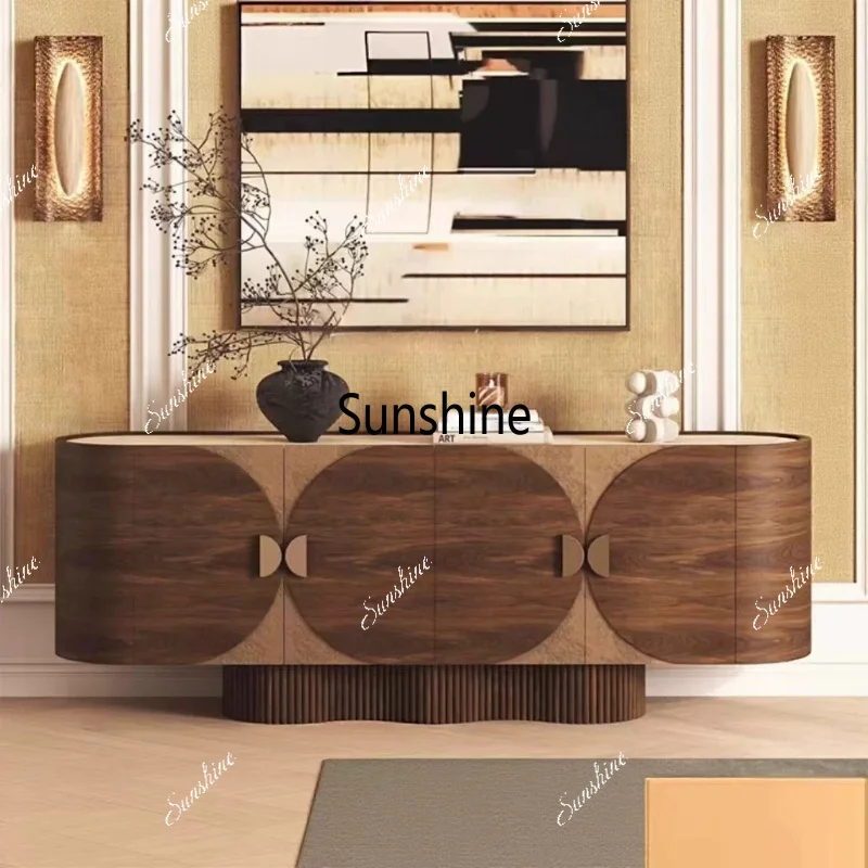 Vintage-style solid wood sideboard for living room, floor-to-ceiling for living room, travertine sintered stone slab decoration