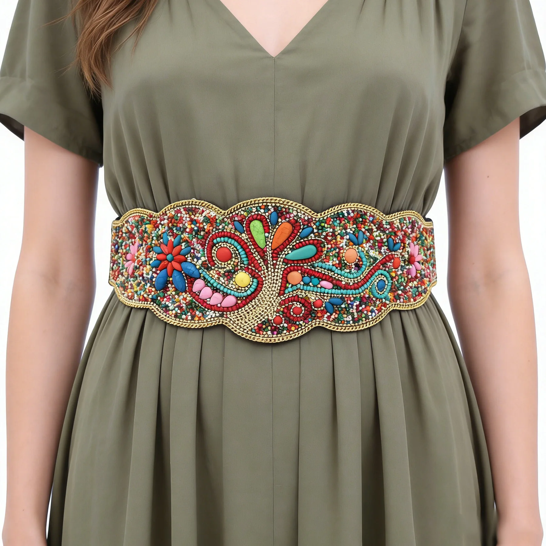 

Colorful Rice Beads Turquoise Flower Pattern Waistband Women's Belt Bohemian Ethnic Tribe Elastic Leather Body Jewelry Accessory