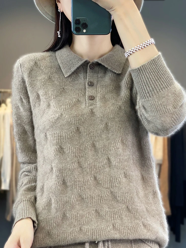 Fashion 100% Wool Women\'s Sweater POLO Neck Pullover LongSleeve Top Knitwear Thick Warm Soft Comfortable Jacquard Weave Cardigan