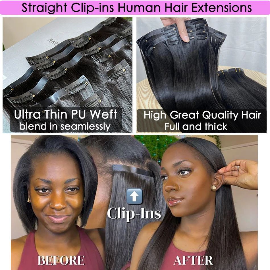 Clips sans couture 100g 7 pièces/ensemble cru non transformés # Extensions de cheveux humains de couleur naturelle 1B, trame longue en PU, cheveux lisses invisibles