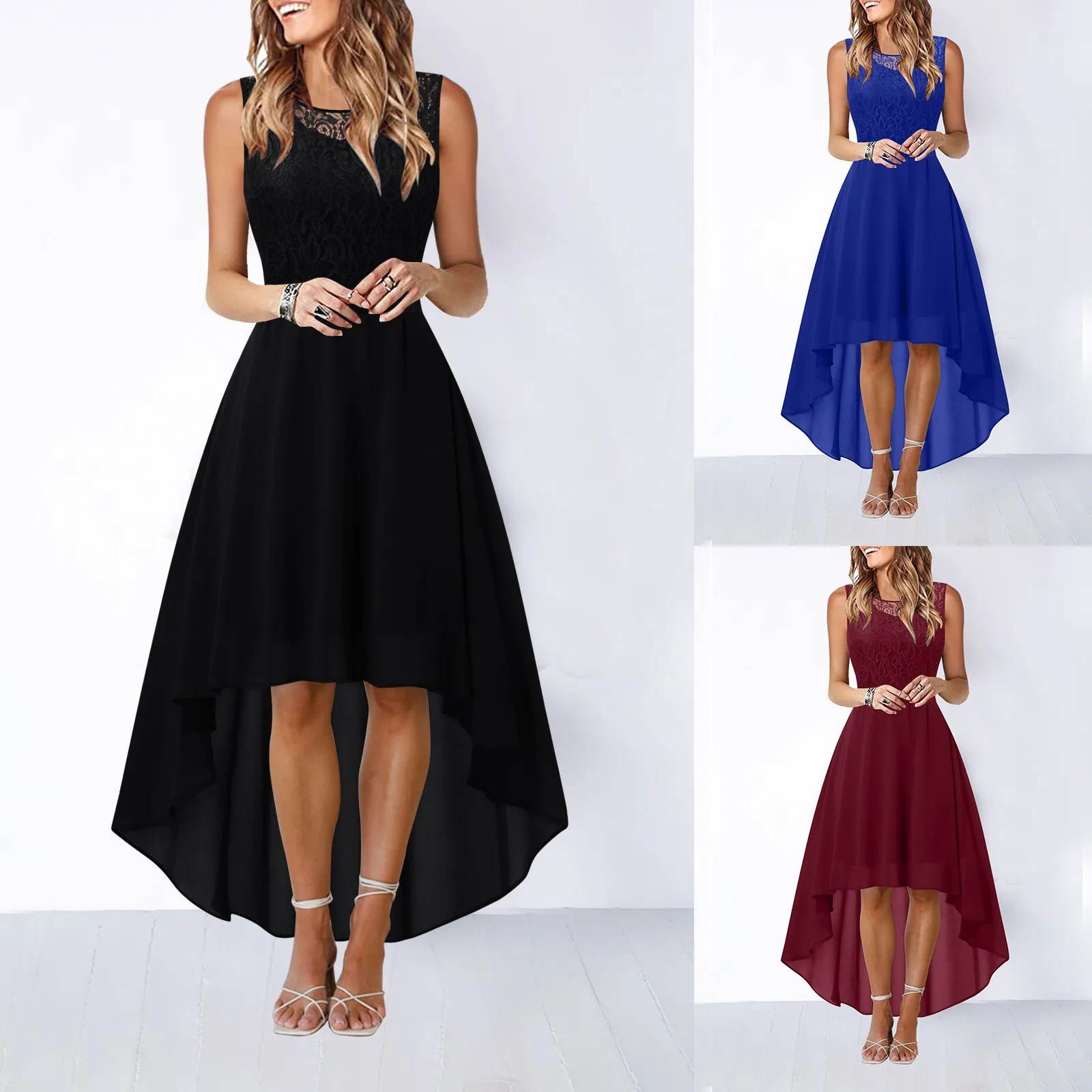 Women's Lace Floral Dress Bow Belt Elegant Irregular Length Dress Sleeveless Chiffon Dress Bridesmaid Cocktail Party Dress