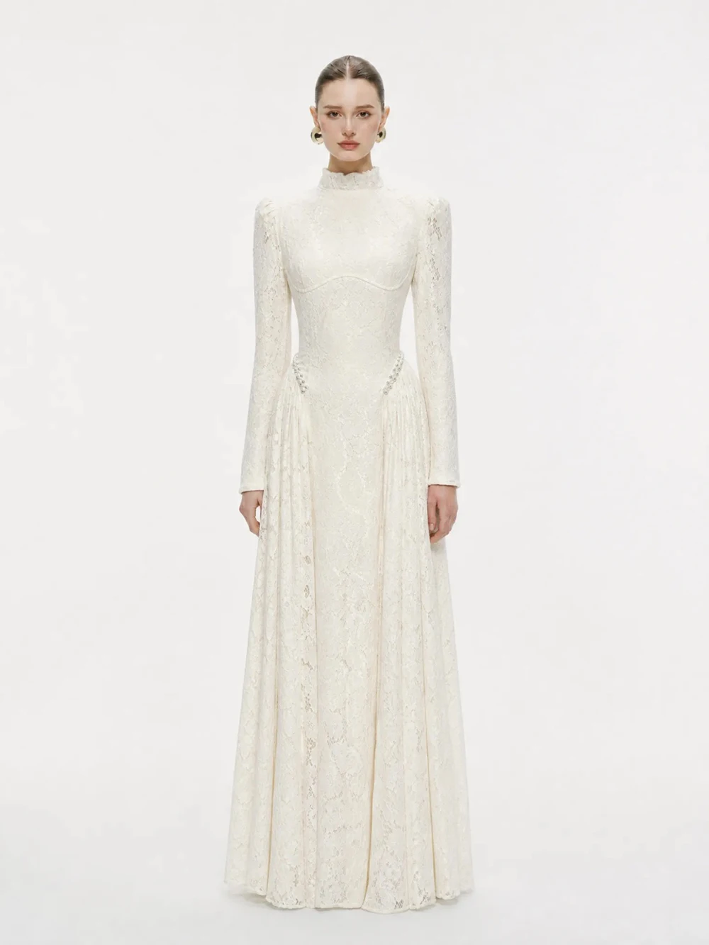 Modphy Vintage Lace Long Sleeve Maxi Dress Women Stand Neck Victorian A Line Wedding Party Gown Elegant Evening Wear