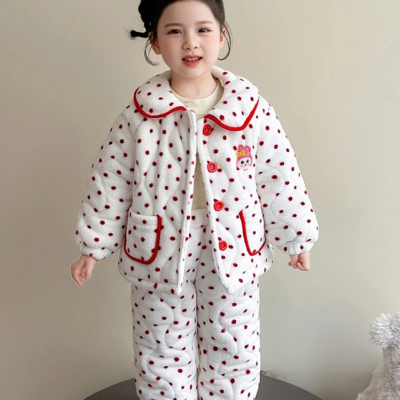 

Kids' 3-Layer Flannel Pajamas, Winter Cotton-Padded Loungewear with Cartoon Prints for Girls