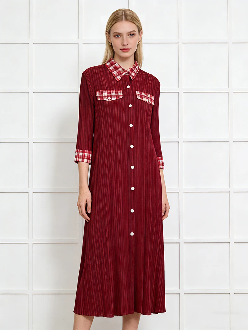 

Miyake Single-Breasted Button-Down Collar Printed Pleated Shirt Dress Large Size Casual A-Line Dress Female Clothing