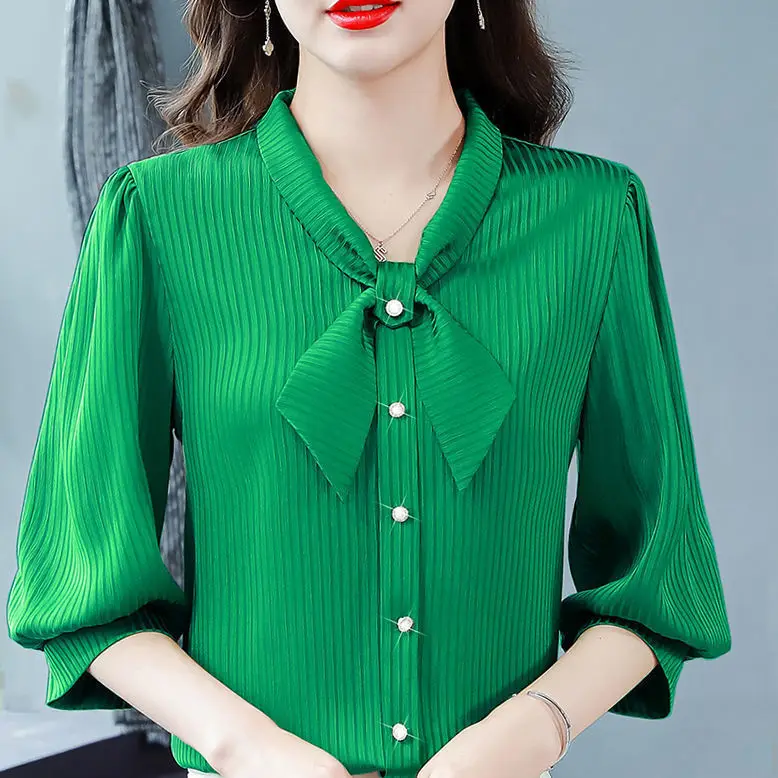 2024 Summer New High End Chiffon Shirt Short Sleeved Women\'s Western Style 3/4 Sleeved Shirt Versatile External Wear Covering Be