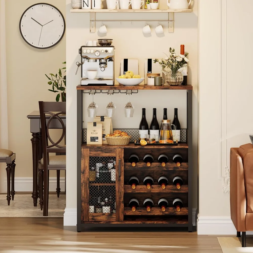 

Farmhouse Style 36 Tall Wine Bar Cabinet with LED Lights, Adjustable Shelves and Mini Wine Cooler