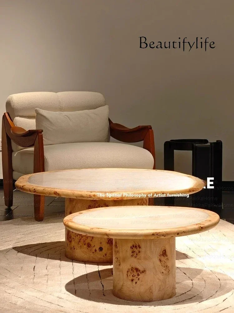 

French medieval style tree tumor solid wood coffee table side combination household light luxury high-end marble coffee table