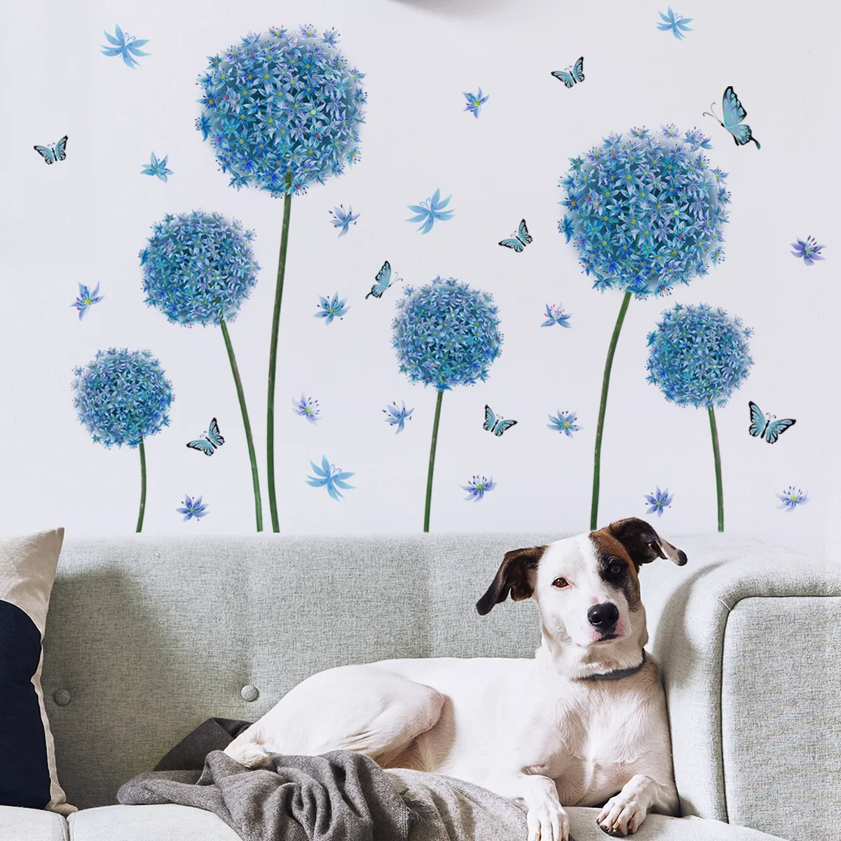 Wall Sticker Blue Dandelion Butterfly Wall Sticker Living Room Background Wall Room Decoration Self-adhesive Wall Sticker