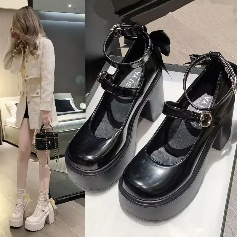 Super High Heel Single Shoes Autumn New Round Toe Shallow Mouth One Strap Platform Bow Block Heel Shoes Fashion Mary Janes Shoes