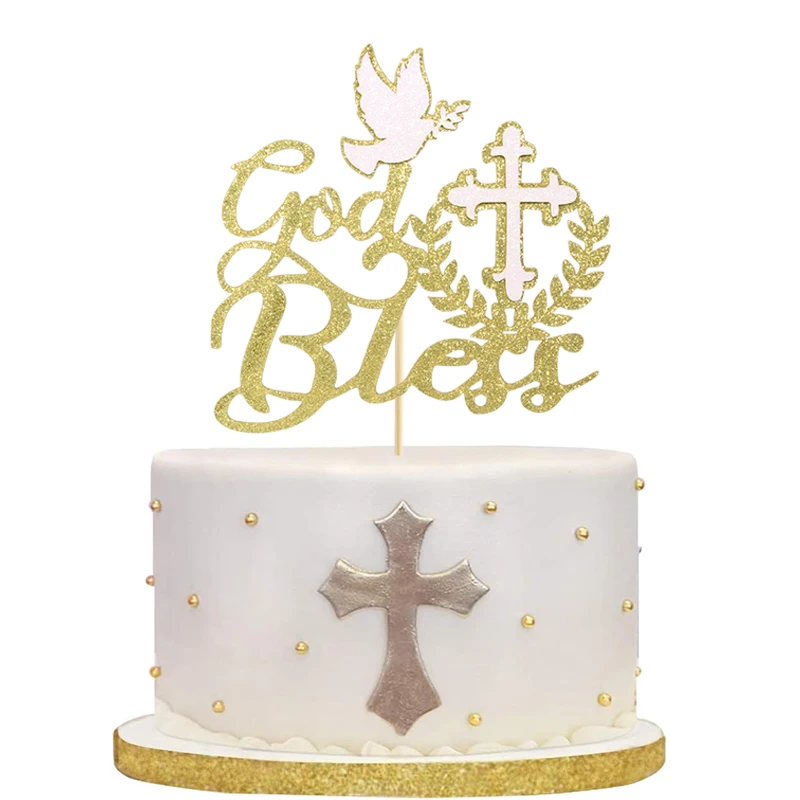 1pc, Golden God Bless Cake Insert, Baptism, Dedication Or First Communion Cake Decoration, Cake Decoration Supplies.