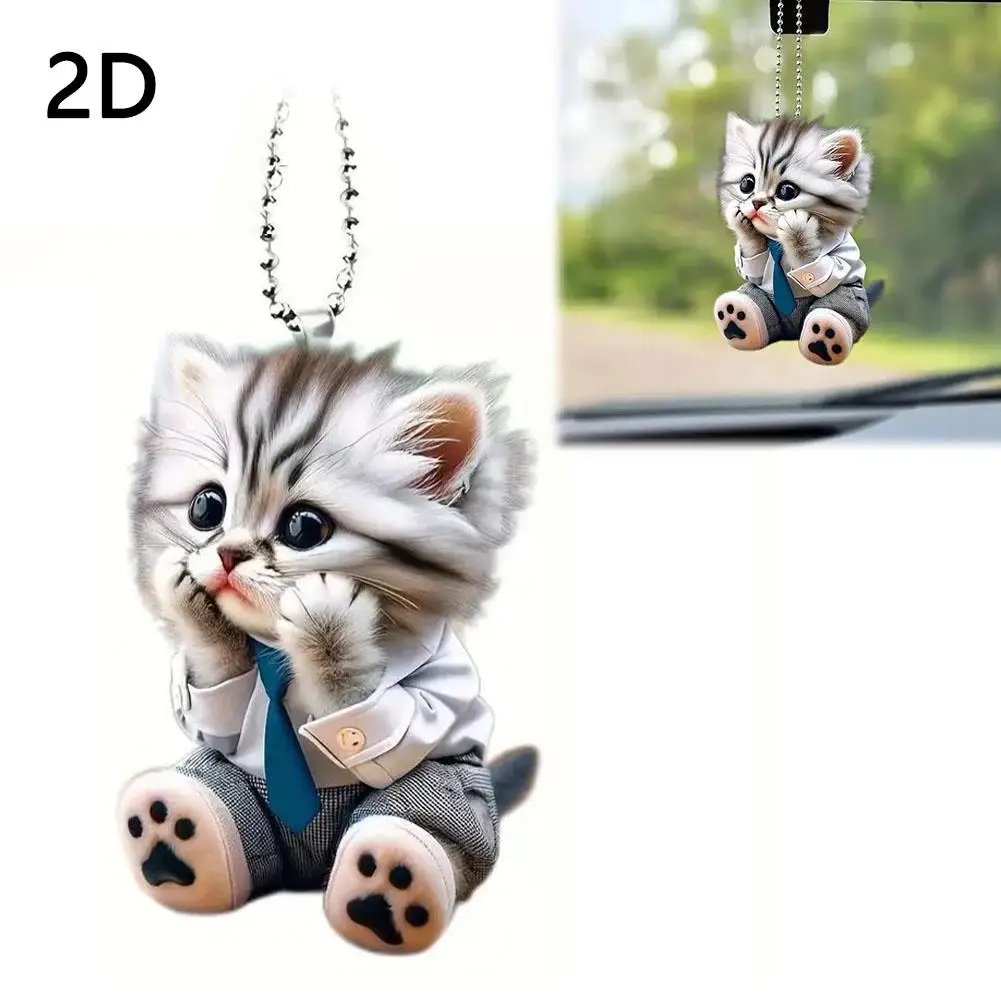 2D Cute Cat-Shaped Car Pendant Hanging Ornament With Chain Realistic Animal Keychain Hanging Schoolbag Car Interior Accessories