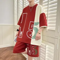 Conjunto de 2 piezas de camiseta y pantalones cortos para hombre, chándal rojo coreano de Harajuku, ropa de calle, traje corto con patrón creativo, 2024